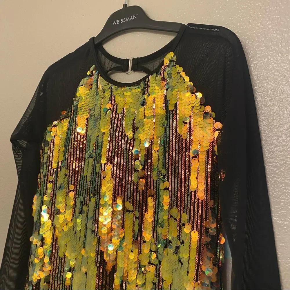 WEISSMAN Dance Costume shift dress Long sleeve black gold sequin Cool 14452 XLC
